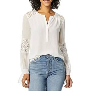 Rebecca Taylor Women's Size 2 White Lace 100% Silk Sheer Long Sleeve Blouse Top